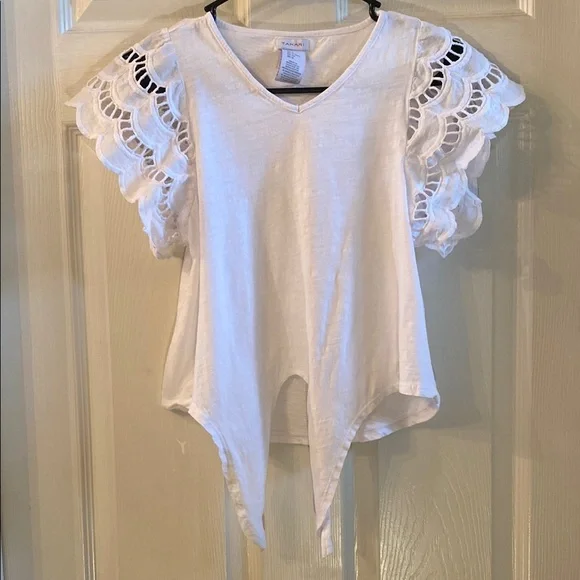 Tahari White Flutter Sleeve Asymmetrical Blouse - Picture 3 of 13